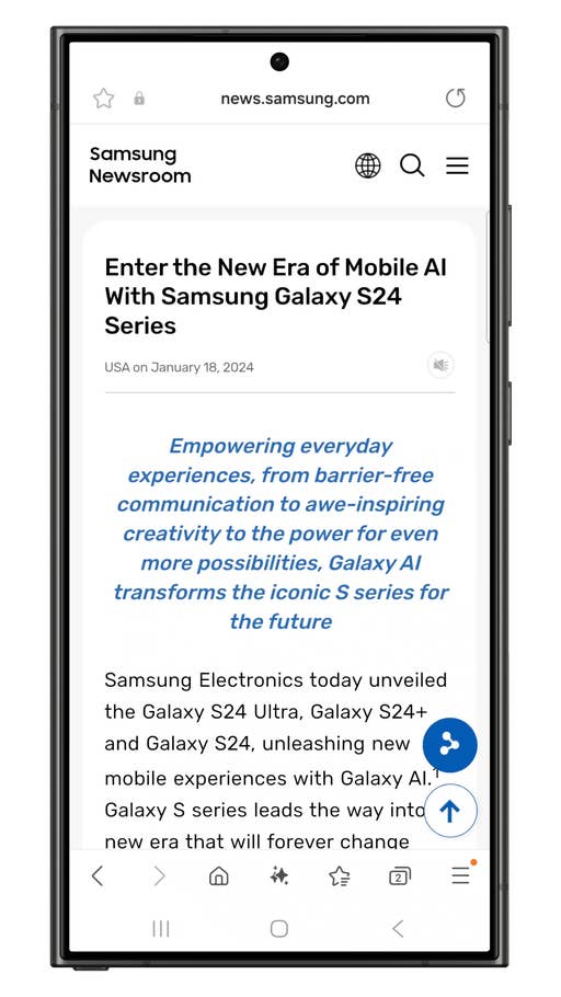 Samsung Newsroom webpage showing Galaxy S24 Series announcement on mobile AI.