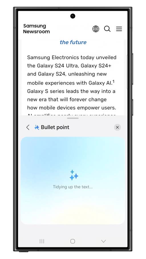 Samsung Newsroom displaying an announcement about the Galaxy S24 series and AI enhancements.