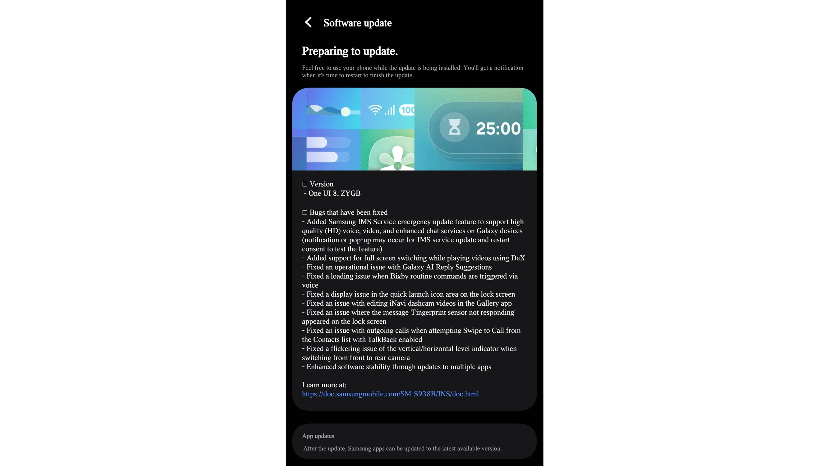 Samsung-Software-Update-Bildschirm zeigt Version und Fehlerbehebungen.