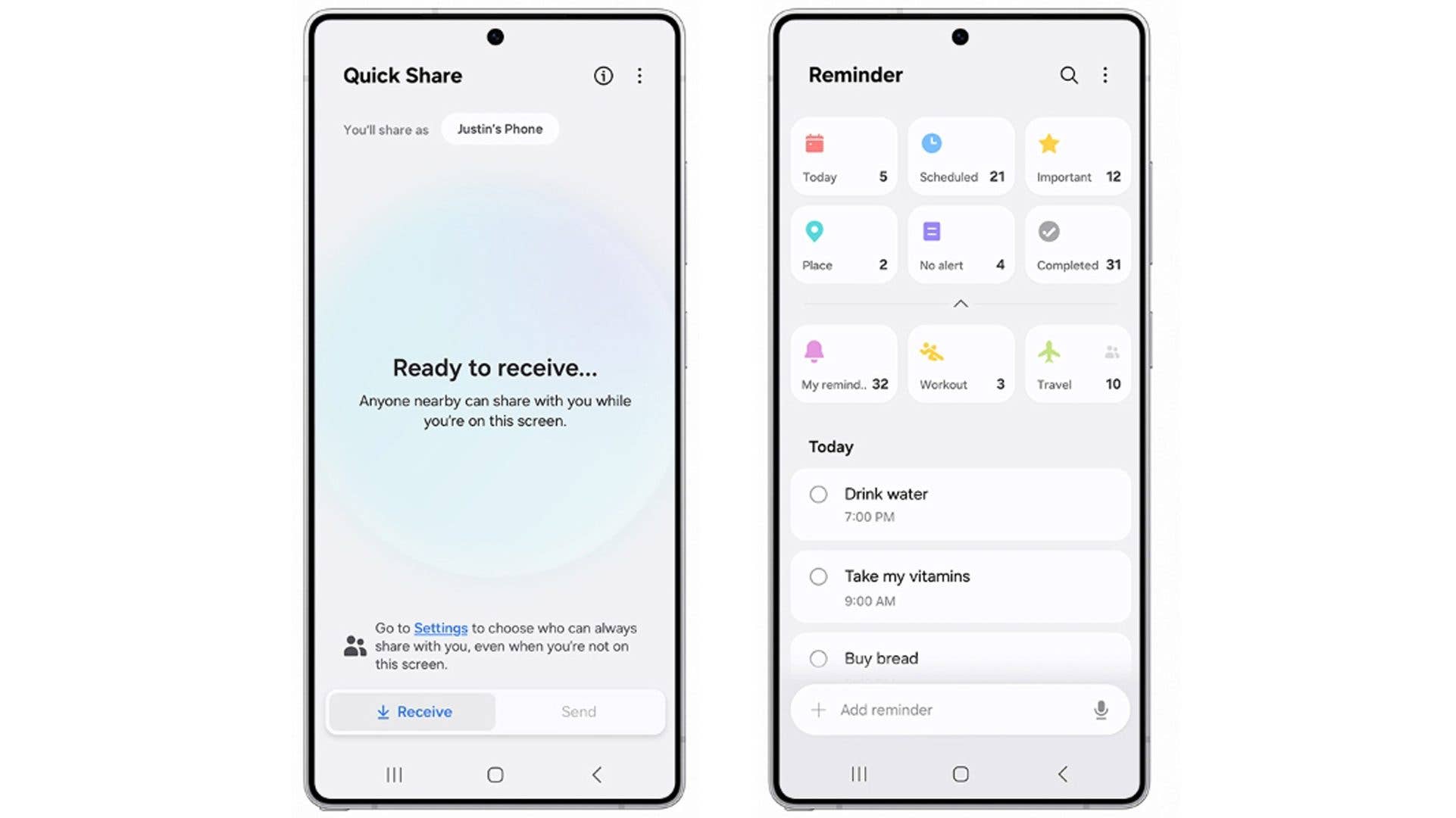 Zwei Smartphone-Bildschirme: Quick Share-Funktion links und Erinnerungs-App rechts.
