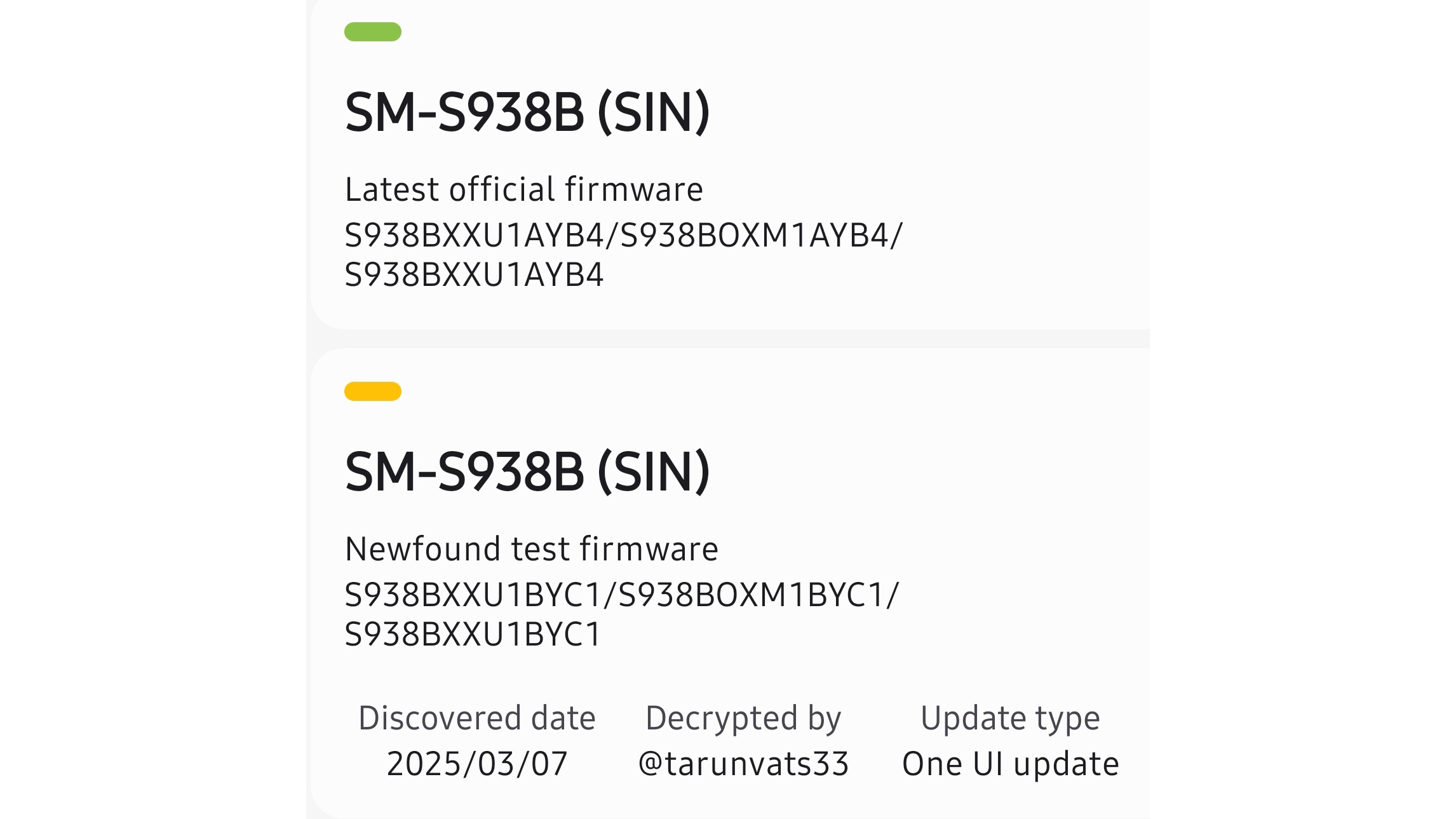 Firmware-Details für SM-S938B: neueste offizielle und neu gefundene Testfirmware mit Entdeckungsdatum.