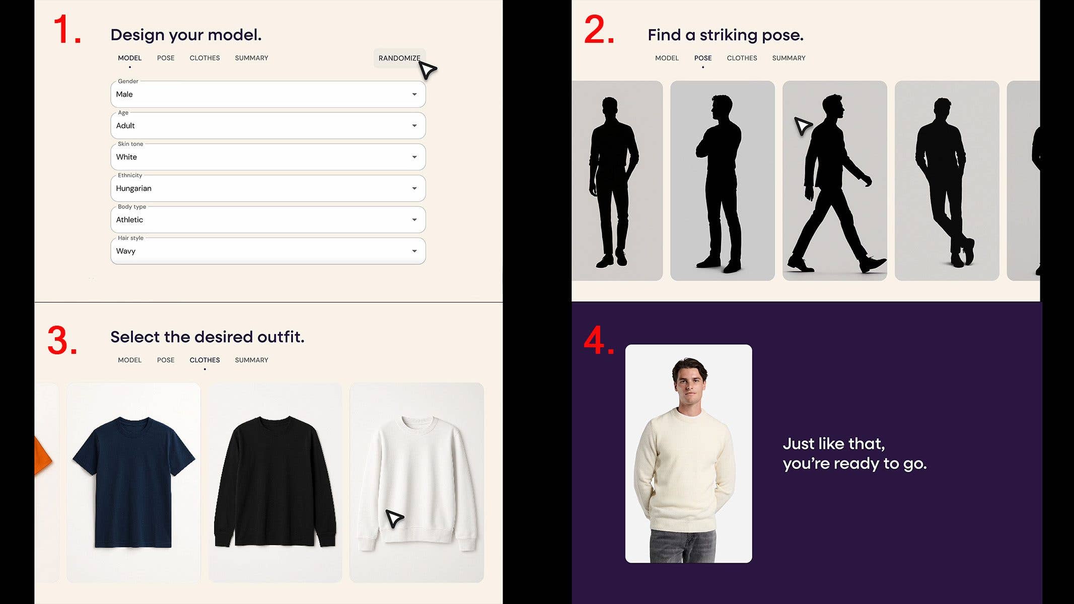 Schritte zur Gestaltung eines Modells mit Optionen für Geschlecht, Alter, Hautfarbe, Pose und Outfit-Auswahl.