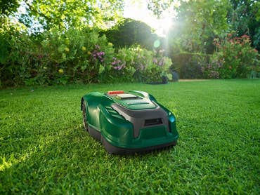 Ein grüner Mähroboter auf einem gepflegten Rasen, umgeben von Blumen.