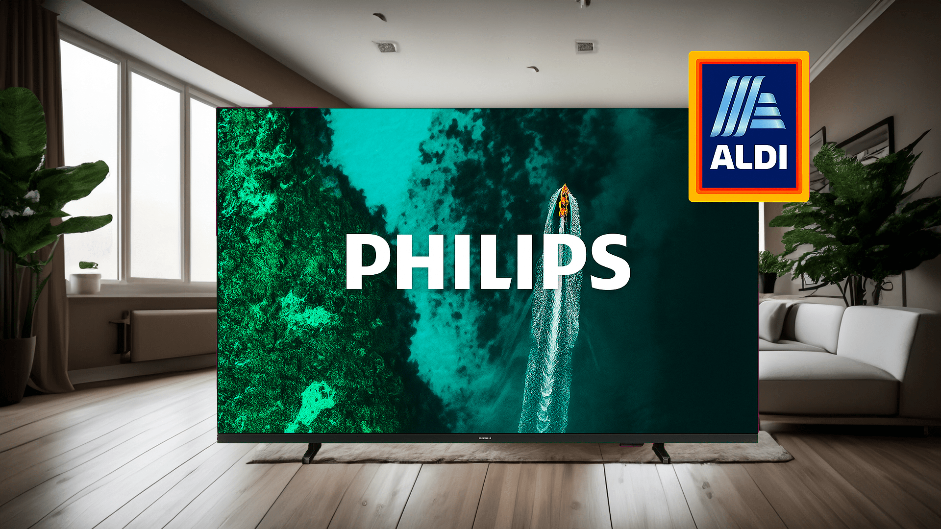 Philips-Fernseher zeigt ein Luftbild mit dem Wort 'PHILIPS' in großen Buchstaben in einem modernen Wohnzimmer.