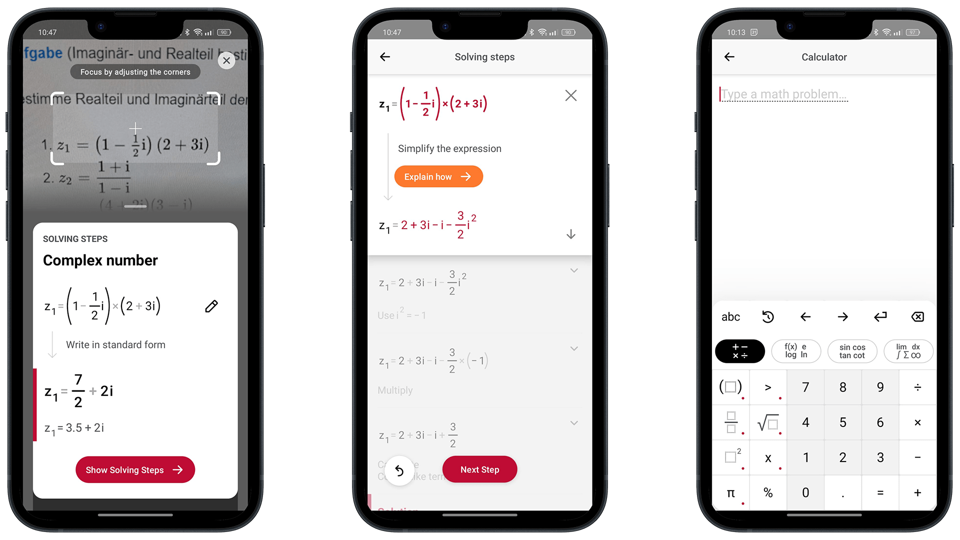 Photomath komplizierte Gleichung und Taschenrechner