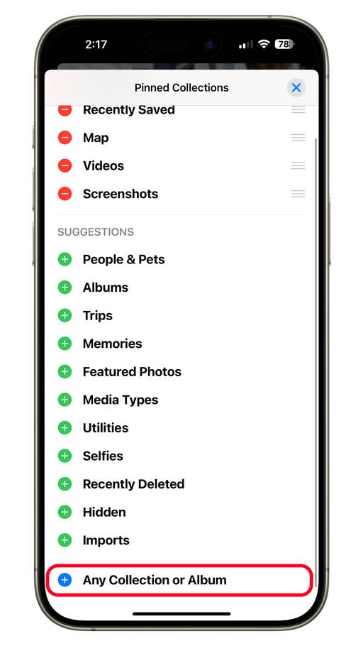 Ein Telefonbildschirm zeigt 'Festgeheftete Sammlungen' mit verschiedenen Kategorien und einer Option zum Hinzufügen von 'Jeder Sammlung oder Album'.