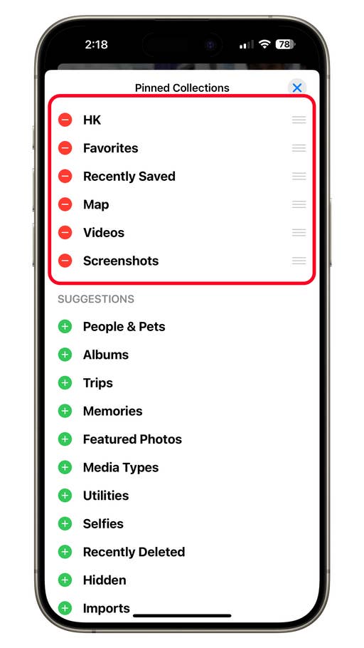 iOS 18-Oberfläche zeigt angeheftete Sammlungen: HK, Favoriten, Kürzlich gespeichert, Karte, Videos, Screenshots.