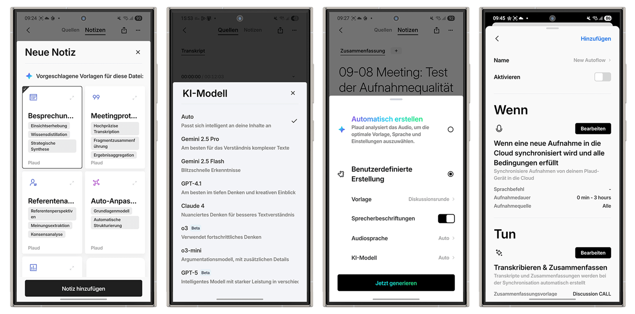 Screenshots einer Notizen-App mit Optionen zum Erstellen von Notizen und Einstellungen für die Audioübertragung. Screenshots einer Notizen-App mit Optionen zum Erstellen von Notizen und Einstellungen für die Audioübertragung.