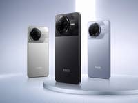 Drei Poco F7 Pro-Smartphones in Silber, Schwarz und Blau auf einem runden Display.