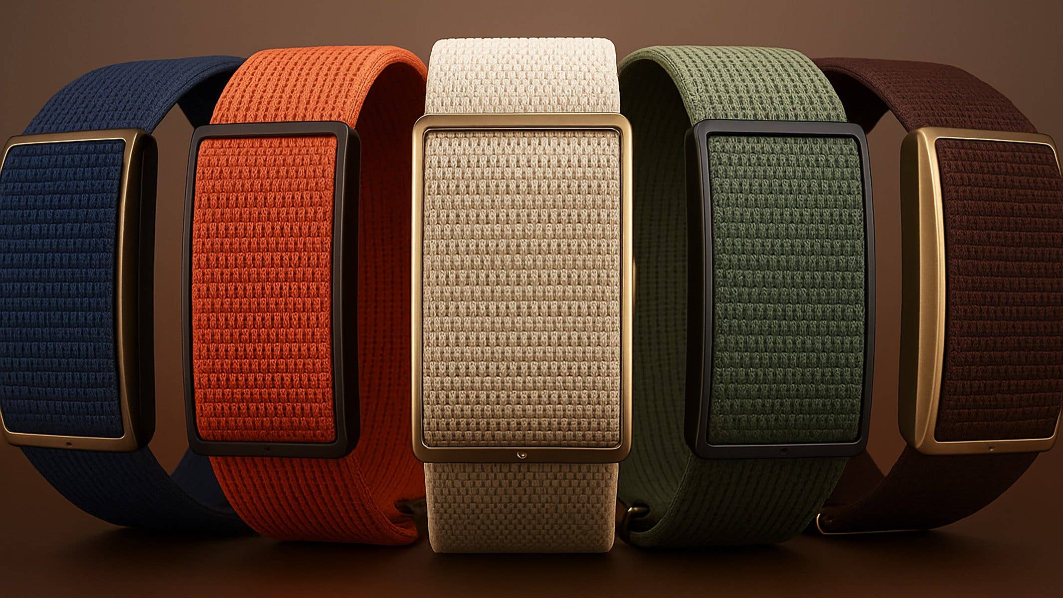 Fünf bunte Polar Loop Fitness-Armbänder in Blau, Orange, Weiß, Grün und Braun vor einem braunen Hintergrund.