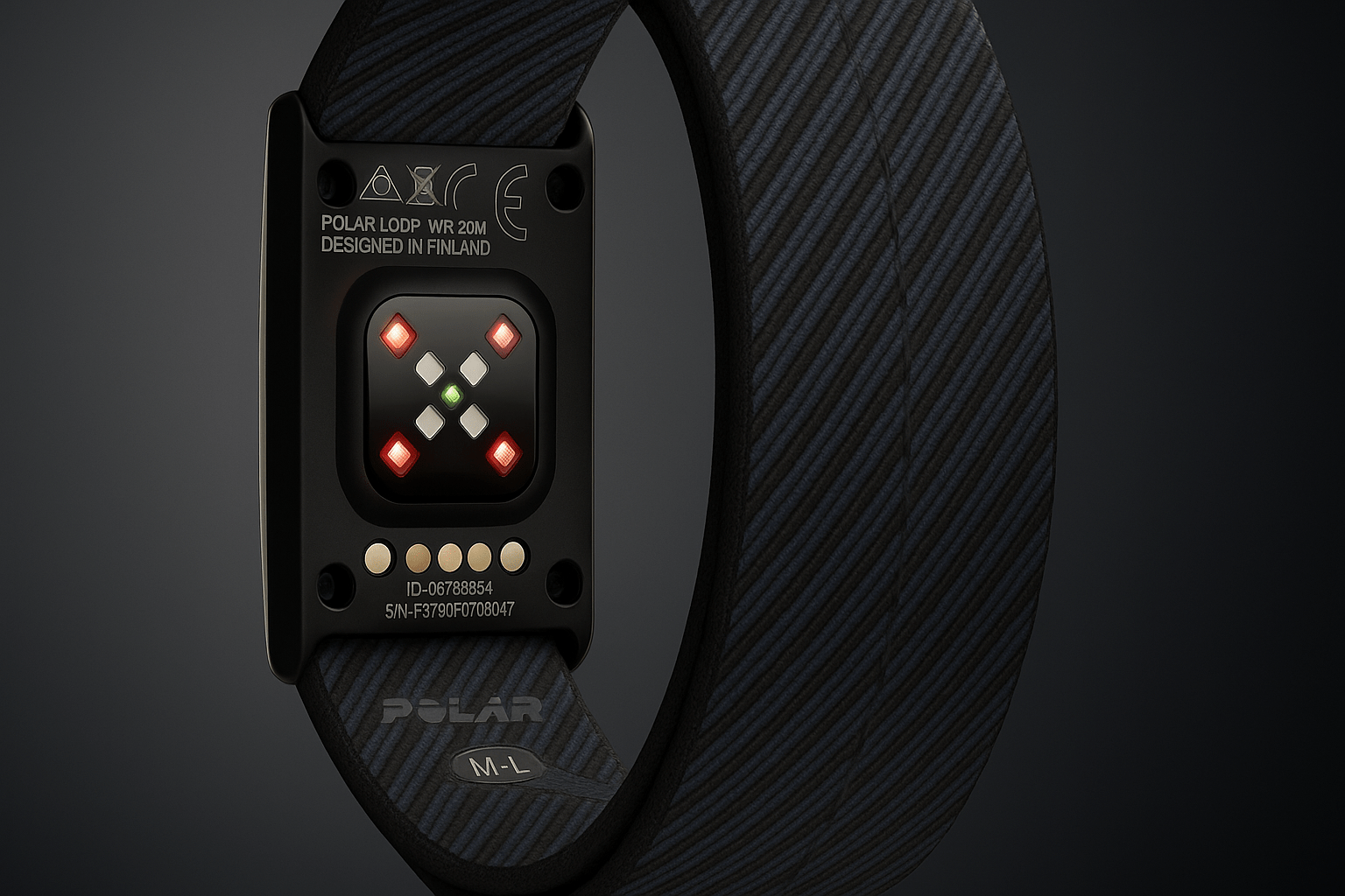 Nahaufnahme eines Polar Loop Fitness Trackers mit schwarzem Armband und Sensorschnittstelle.