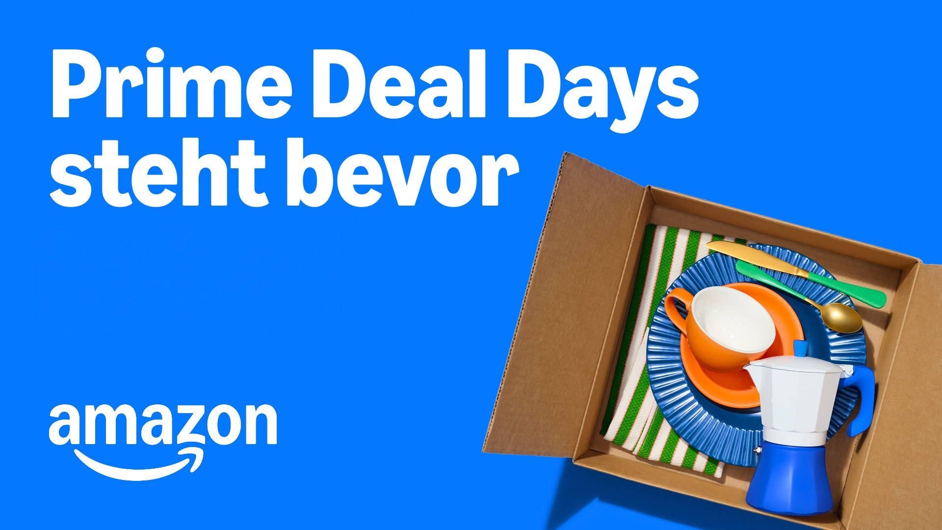 Ankündigung der Amazon Prime Deal Days mit einer Box bunter Küchenartikel vor blauem Hintergrund.