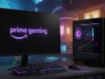 Ein Gaming-Setup mit einem Monitor, auf dem 'prime gaming' angezeigt wird, und einem eleganten PC-Tower mit RGB-Beleuchtung.