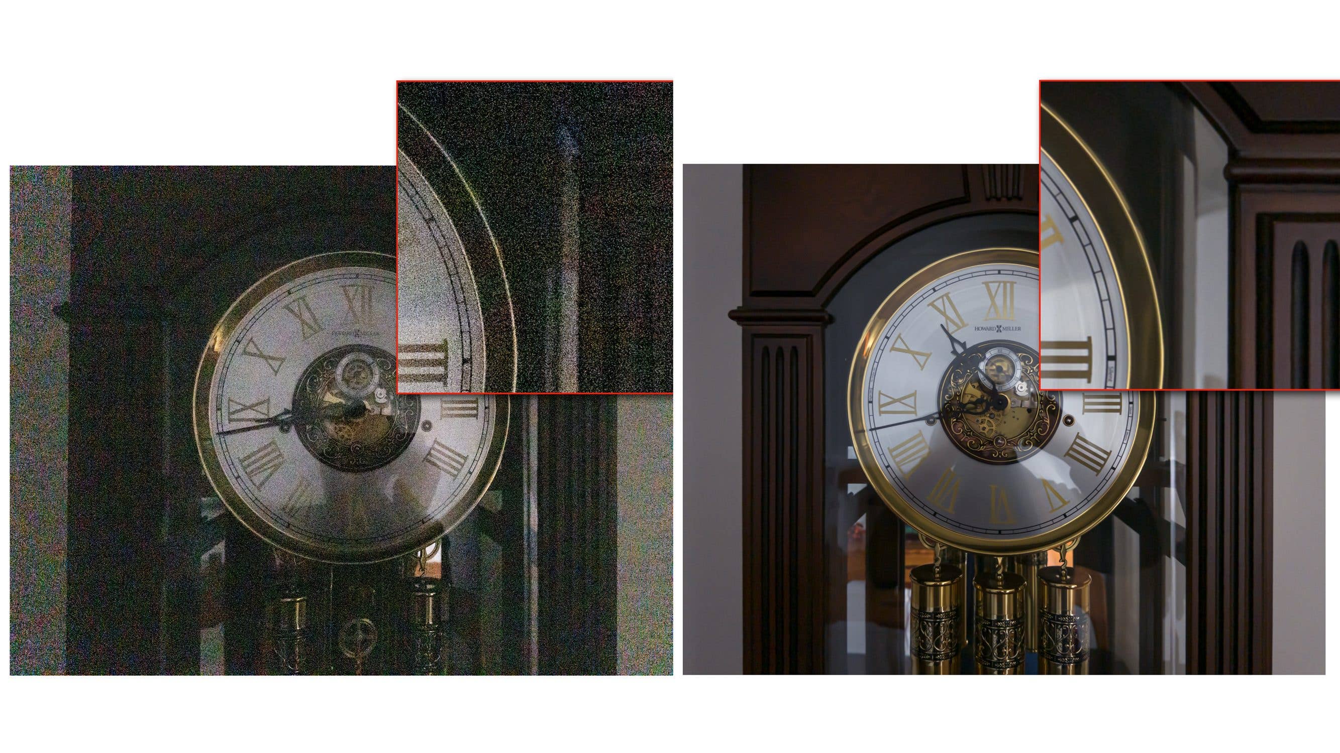 Eine Uhr in dunklen und hellen Einstellungen, die Details und den Kontrast zwischen Rauschen und Klarheit zeigt.