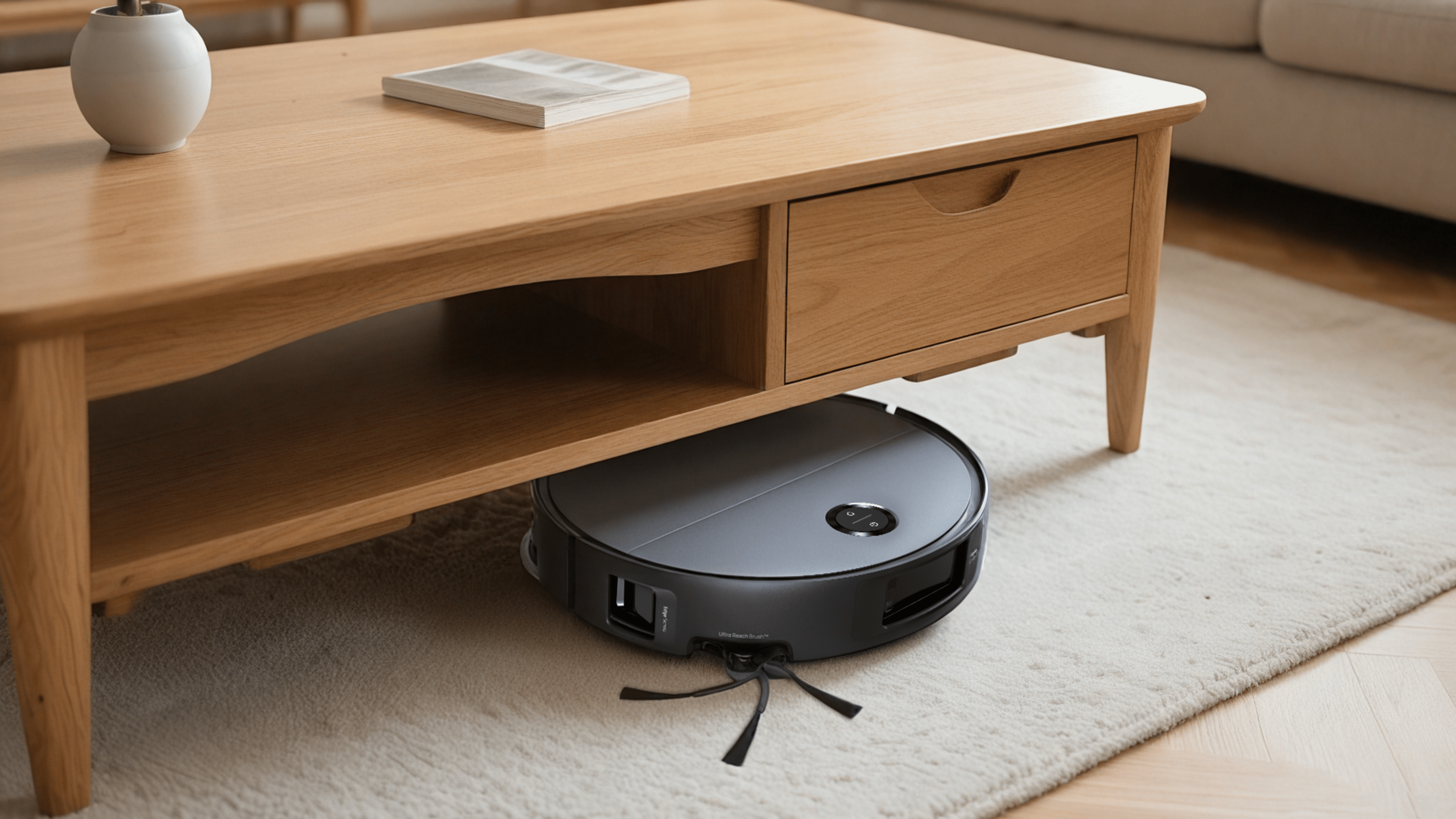 Ein Robotersauger unter einem Holztisch in einem gemütlichen Wohnzimmer.