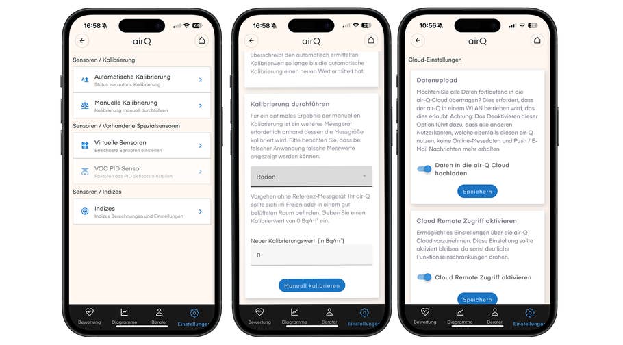 Drei Smartphone-Bildschirme, die die Einstellungen der airQ-App für die Sensor-Kalibrierung und den Cloud-Daten-Upload anzeigen.