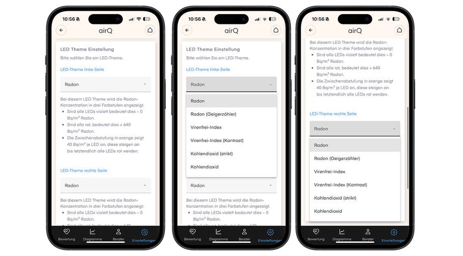 Drei Smartphones, die Einstellungen für LED-Themen zur Radon-Konzentration anzeigen.