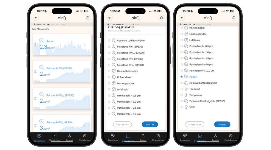 Drei Smartphones, die Luftqualitätsdaten anzeigen, einschließlich Radonwerte und Feinstaub.