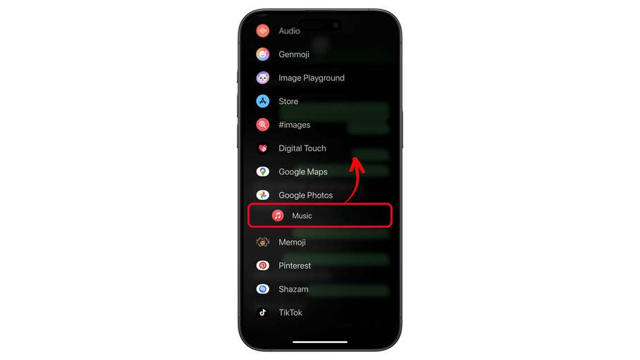 iOS-Oberfläche zeigt eine Liste von Apps mit 'Musik', das rot hervorgehoben ist.