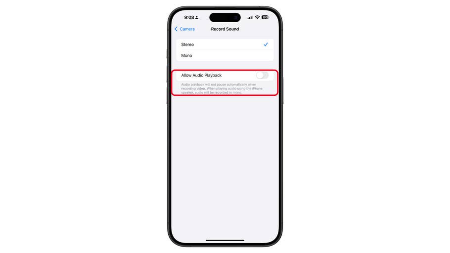 iPhone-Bildschirm zeigt Aufnahme-Einstellungen mit hervorgehobenem 'Audio-Wiedergabe erlauben'-Option.