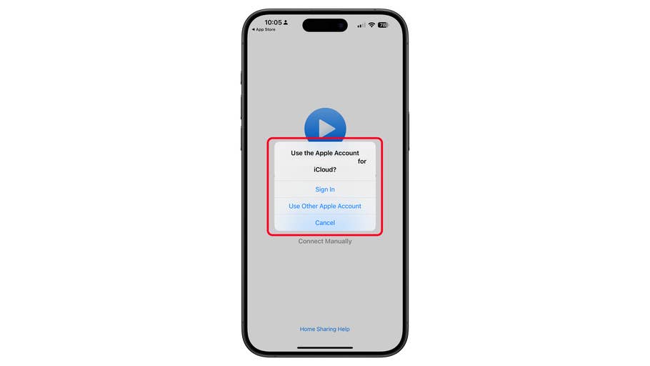 iPhone-Bildschirm zeigt ein Pop-up, das fragt, ob ein Apple-Konto für iCloud verwendet werden soll, mit Optionen zum Anmelden oder Abbrechen.