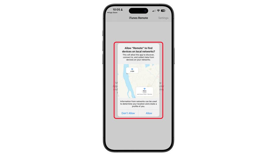 iPhone-Bildschirm zeigt eine Aufforderung, 'Remote' zuzulassen, um Geräte im lokalen Netzwerk zu finden, mit Optionen zum Erlauben oder Nicht erlauben.