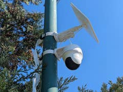 Eine Reolink Argus PT Ultra Sicherheitskamera, die an einem Pfahl mit Solarpanel montiert ist, umgeben von Grün.