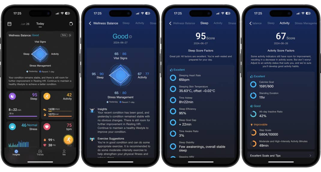 Screenshots der Begleit-App des Smart Rings