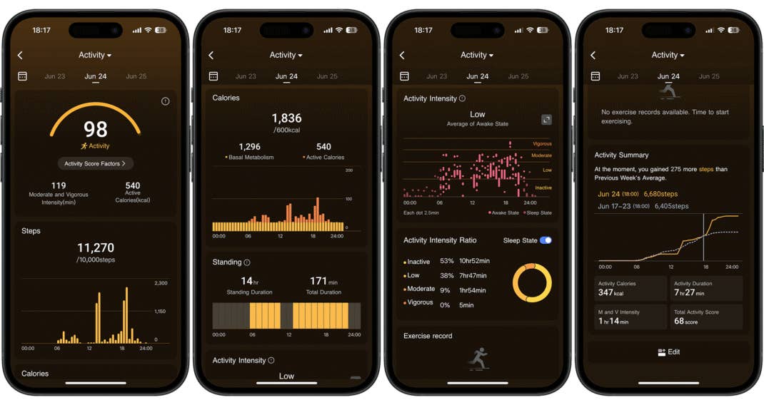 Screenshots der Begleit-App des RingConn Smart Rings