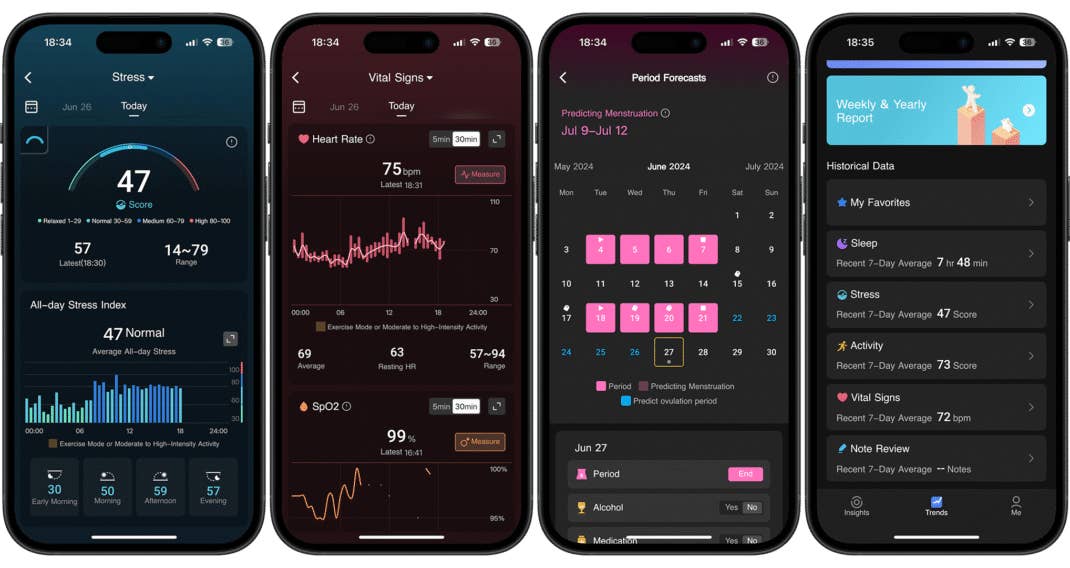 Screenshots der Begleit-App des RingConn Smart Rings
