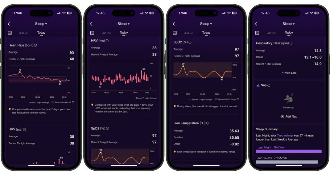 Screenshots der Begleit-App des RingConn Smart Rings