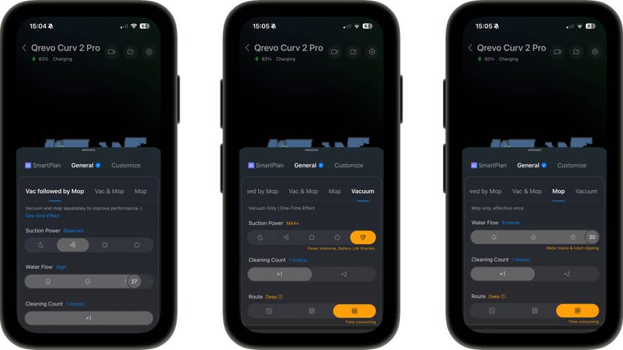 Drei Smartphone-Bildschirme, die die Einstellungen und den Batteriestatus der Qrevo Curv 2 Pro-App anzeigen.