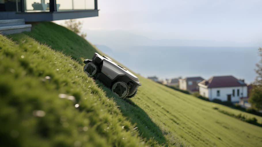Roborock RockMow Z1 mäht Gras auf einem geneigten Rasen neben einem modernen Haus mit Blick auf das Meer.