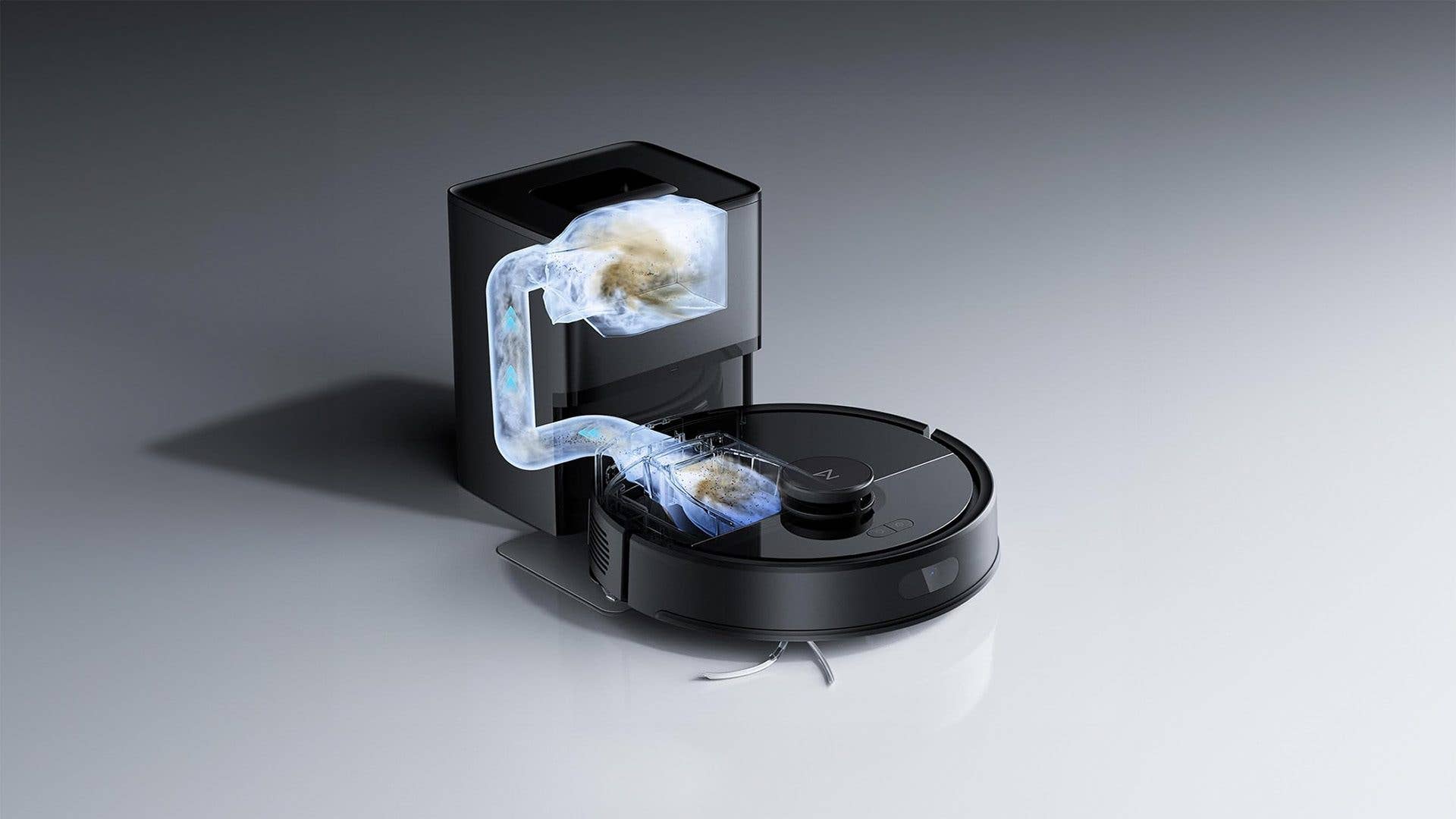 Ein Roborock Q7 L5 Plus Saugroboter mit einer Reinigungsstation und transparenten Rohren, die die Schmutzsammlung zeigen.