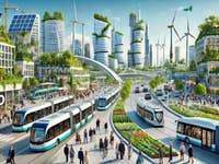 Eine futuristische Stadtlandschaft mit grünen Gebäuden, Straßenbahnen und Menschen, mit dem SPD-Logo und einer deutschen Flagge.