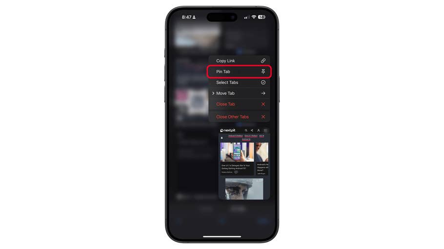 iOS-Gerät, das Browser-Tab-Optionen mit hervorgehobener Option 'Tab anheften' anzeigt.