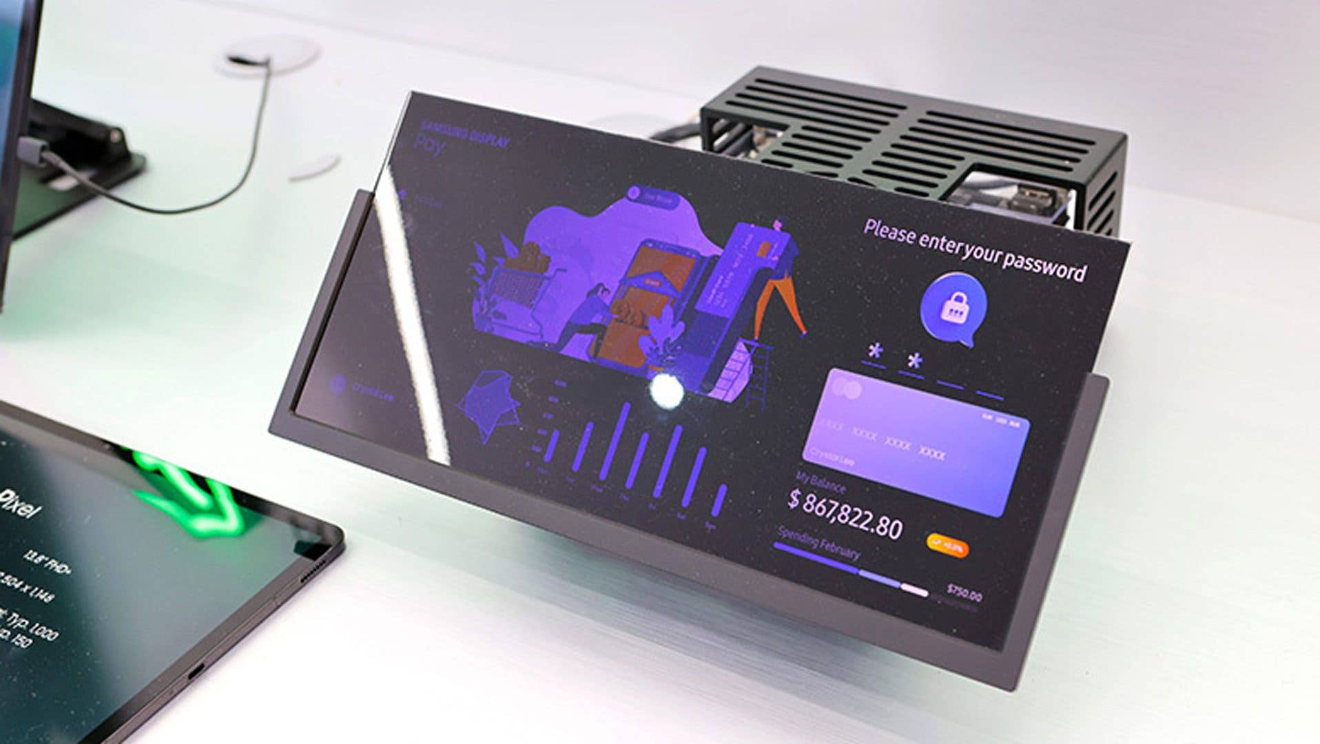 Ein Samsung-Display fordert zur Eingabe eines Passworts auf, mit einem Guthaben von 867.822,80 $.