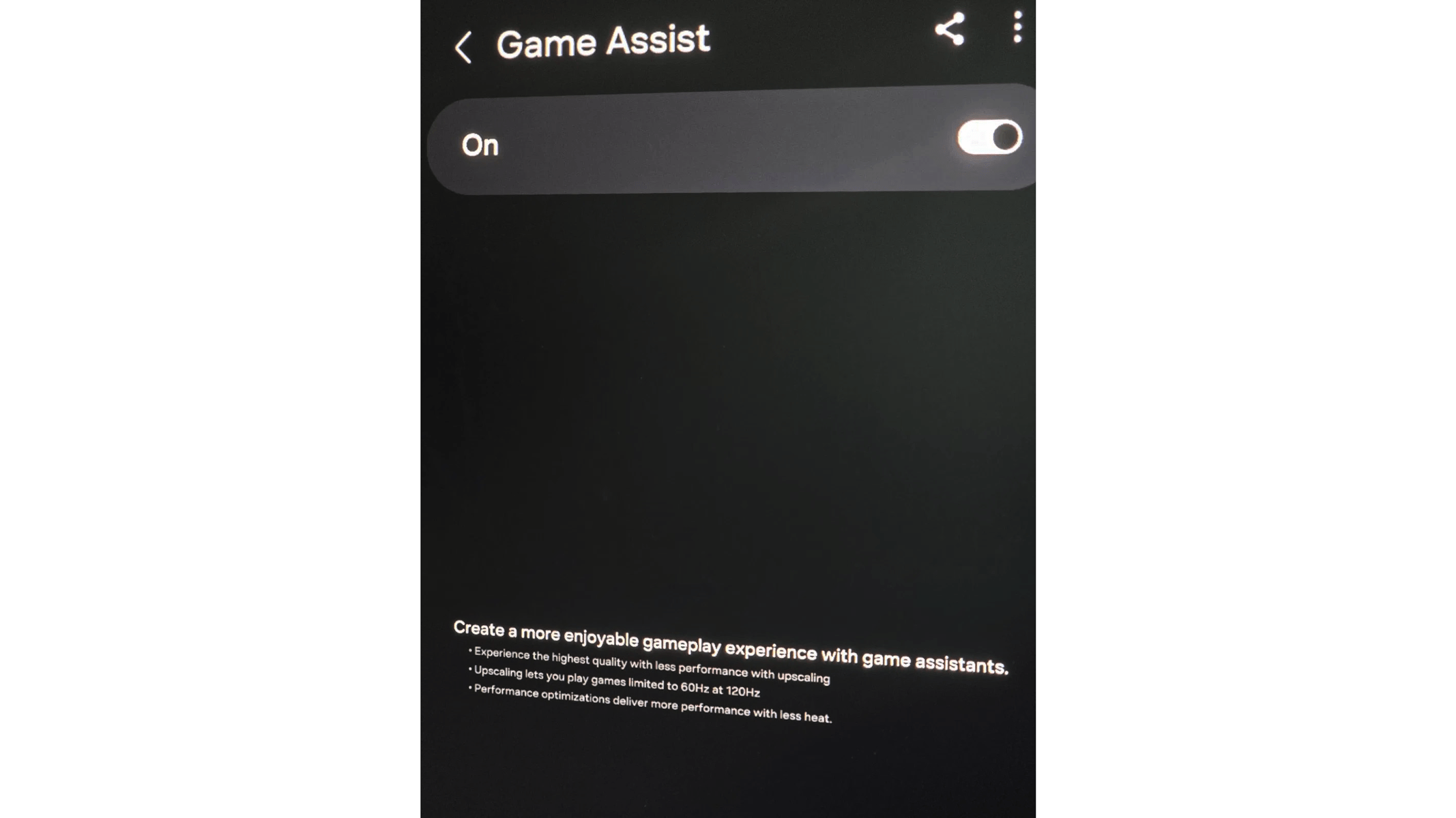 Samsung Game Assist-Einstellungsbildschirm mit Umschalter für 'Ein'.