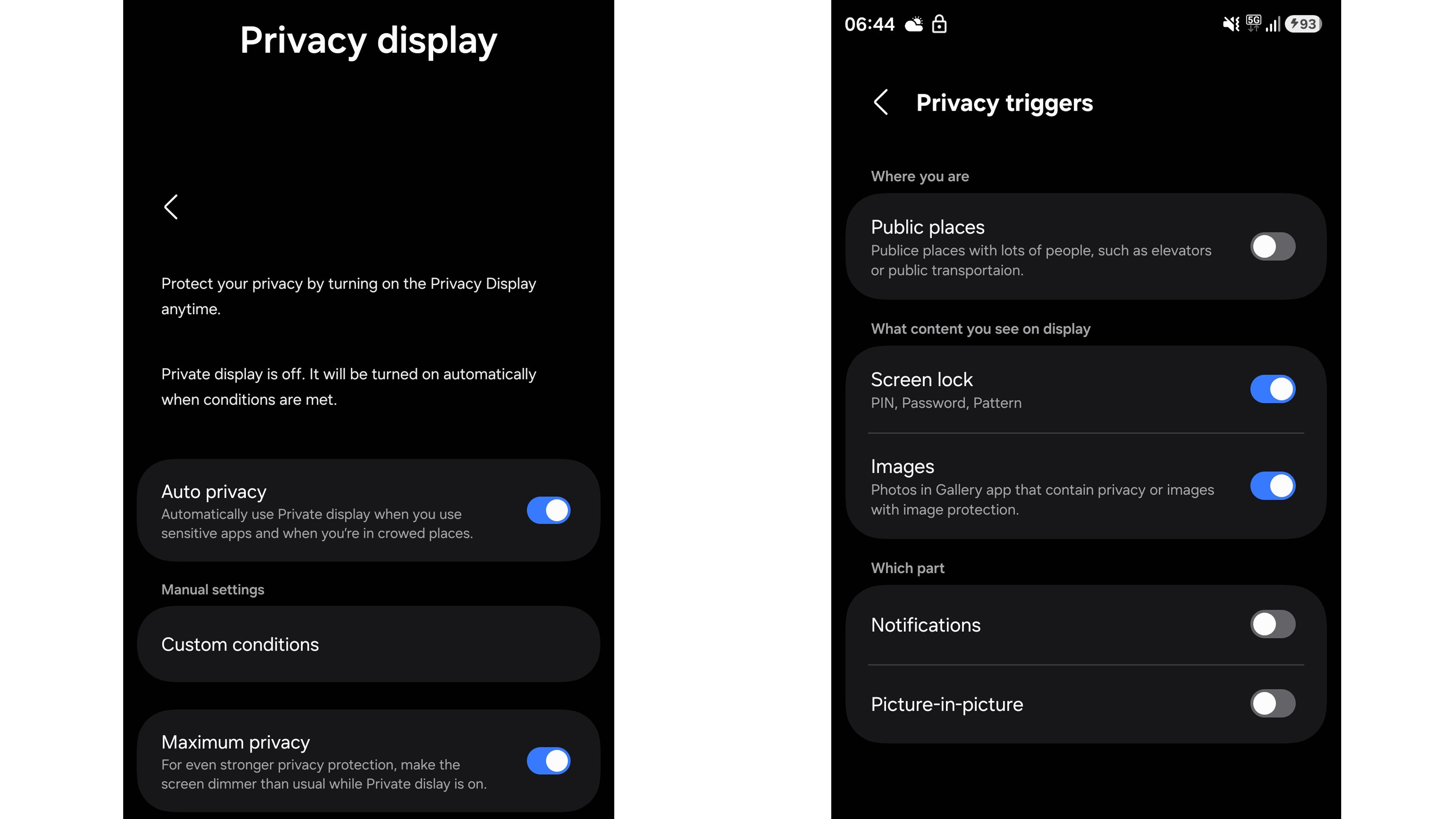 Einstellungen für den Datenschutzbildschirm und Datenschutzauslöser auf Samsung Galaxy S26 Ultra.