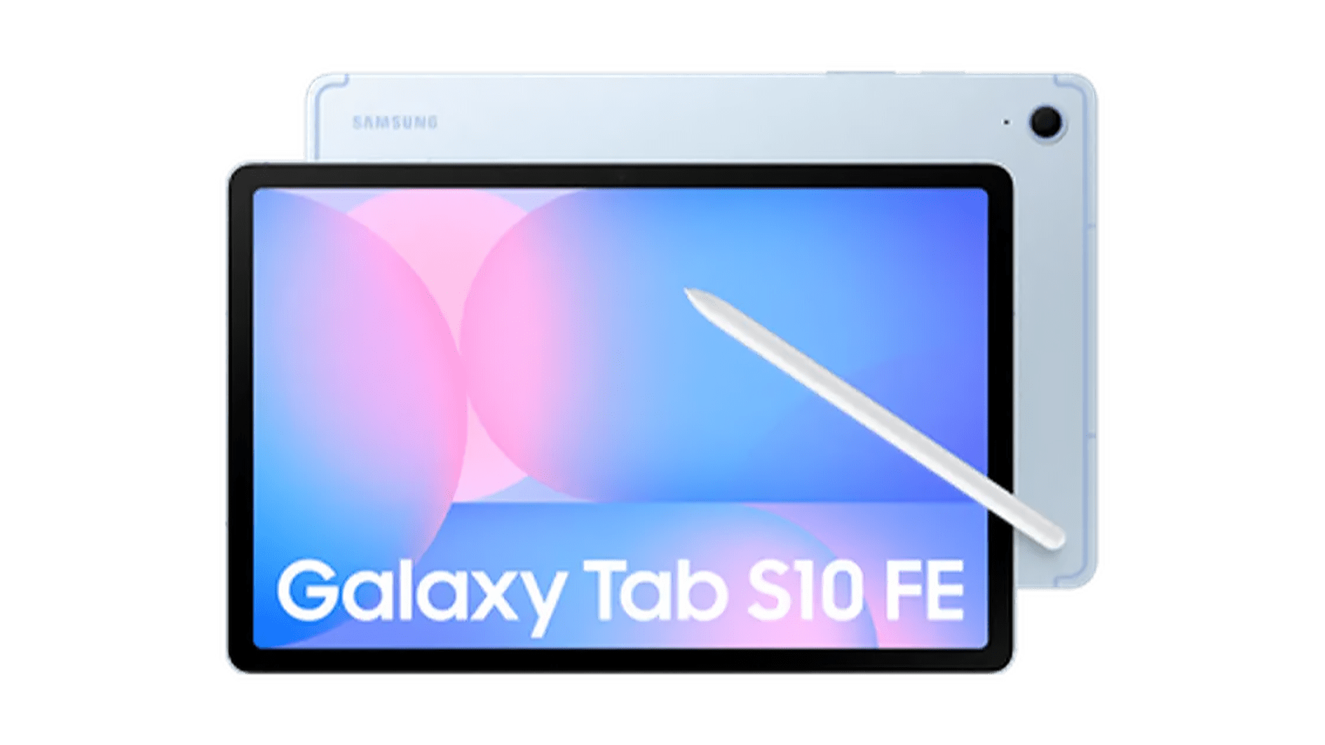 Samsung Galaxy Tab S10 FE Plus mit Stylus auf einem bunten Hintergrund.