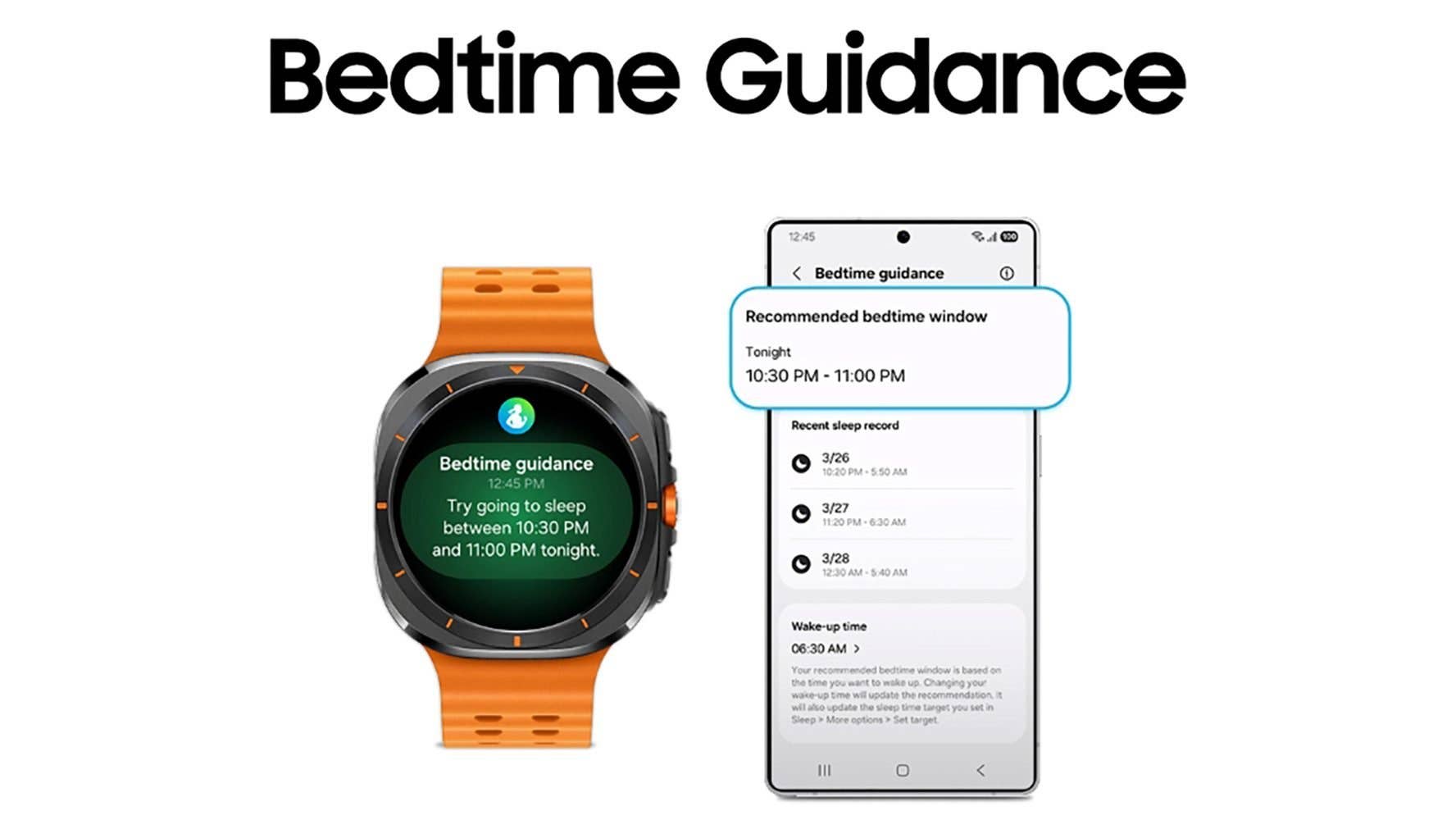 Samsung watch showing bedtime guidance: sleep between 10:30 PM and 11:00 PM tonight.