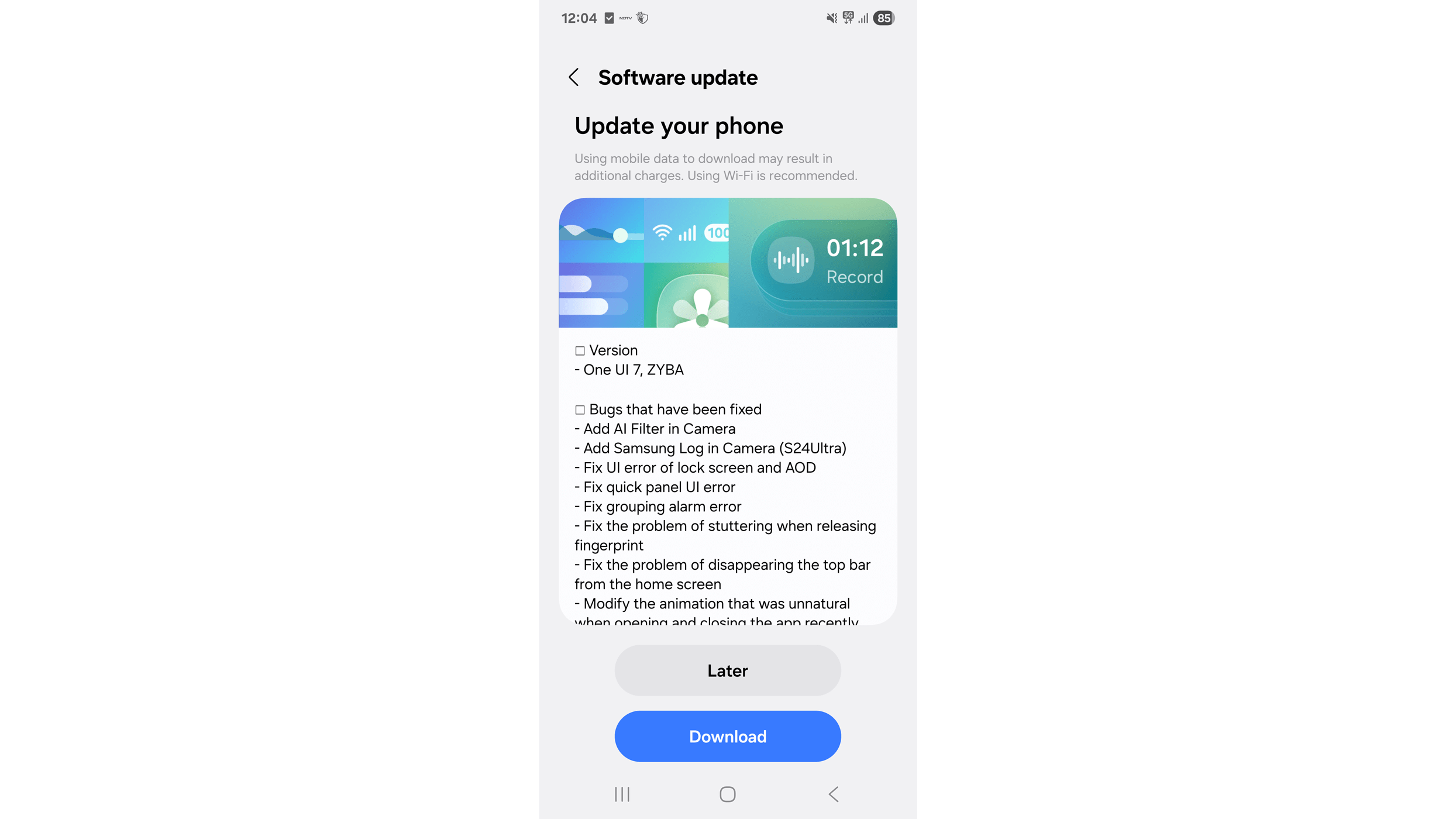 Bildschirm für Software-Update von One UI 7, das Fehlerbehebungen und neue Funktionen auflistet.