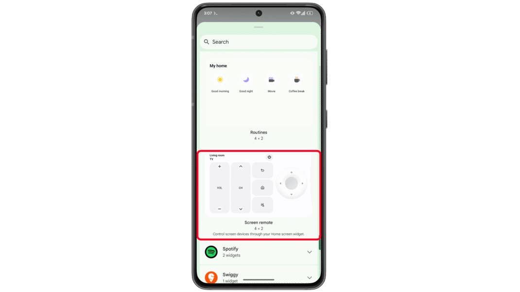 Samsung SmartThings-App-Oberfläche mit Steuerungen für einen Fernseher im Wohnzimmer.