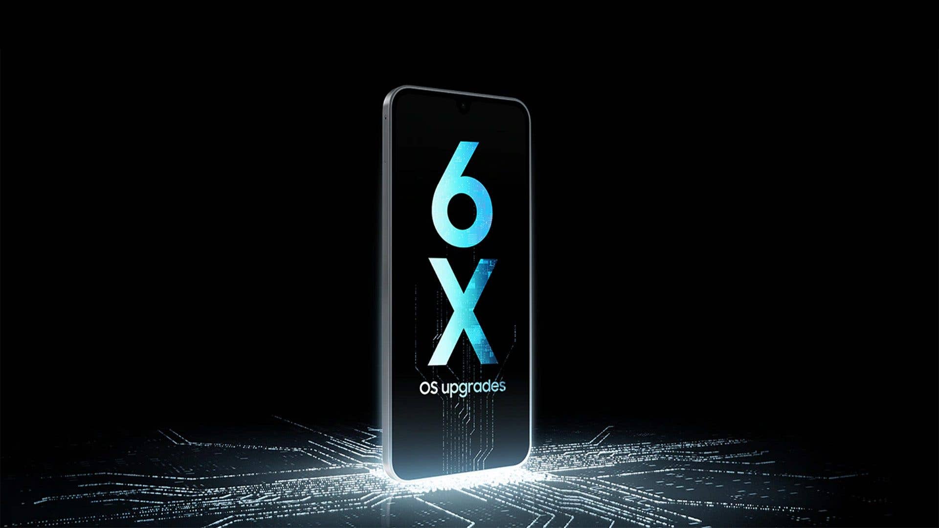 Samsung Galaxy A17 Smartphone mit dem Text '6X OS-Updates' vor einem dunklen Hintergrund.
