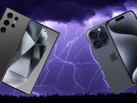 Samsung Galaxy S24 Ultra und Apple iPhone 15 Pro vor einem stürmischen lila Hintergrund.