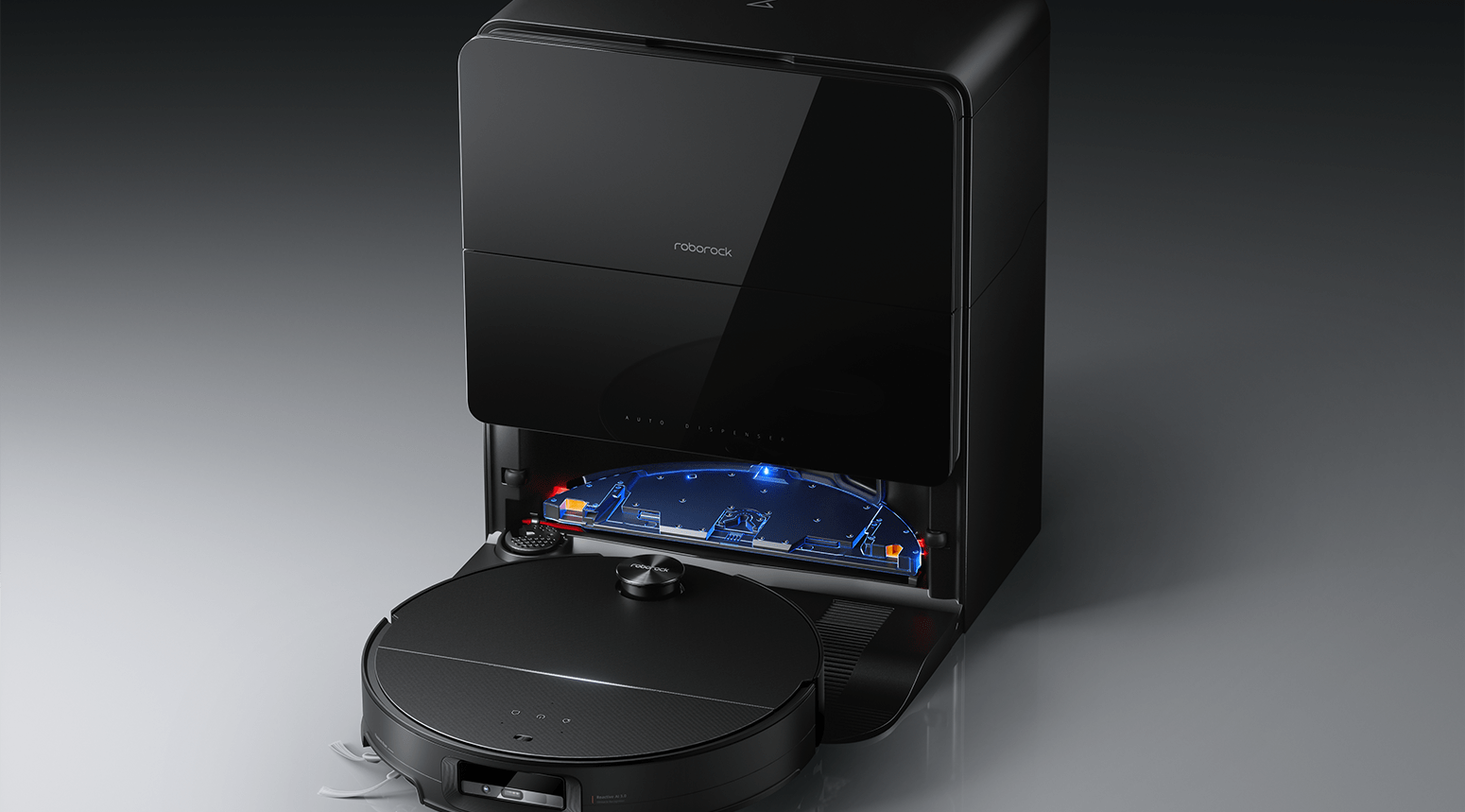 Roborock Saros 10 Saugroboter mit elegantem schwarzen Design und automatischer Reinigungsstation.