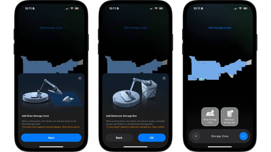 Drei Smartphone-Bildschirme zeigen die Benutzeroberfläche zur Einrichtung der Speicherzone des Roborock Saros Z70.