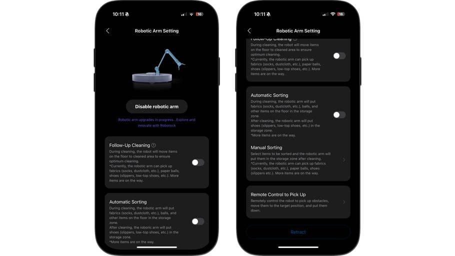 Benutzeroberfläche der Roborock Saros Z70 Roboterarm-Einstellungen auf einem Smartphone.