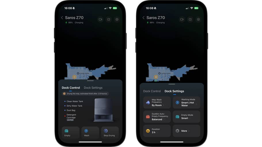 App-Oberfläche des Roborock Saros Z70, die den Reinigungsstatus und die Dock-Einstellungen zeigt.
