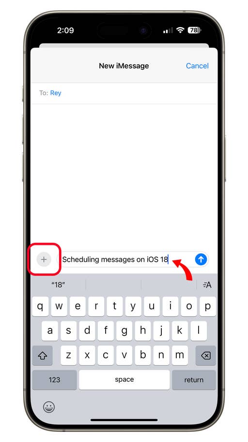 Bildschirm eines iPhones zeigt neue iMessage mit dem Text 'Nachrichten planen in iOS 18'.